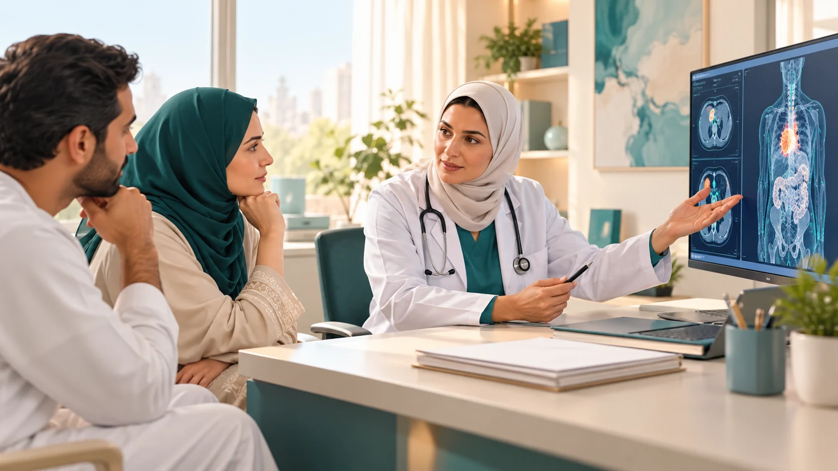 صورة توضيحية لاستشارة طبيبة ومناقشة التقارير ضمن الرأي الطبي الثاني لعلاج السرطان